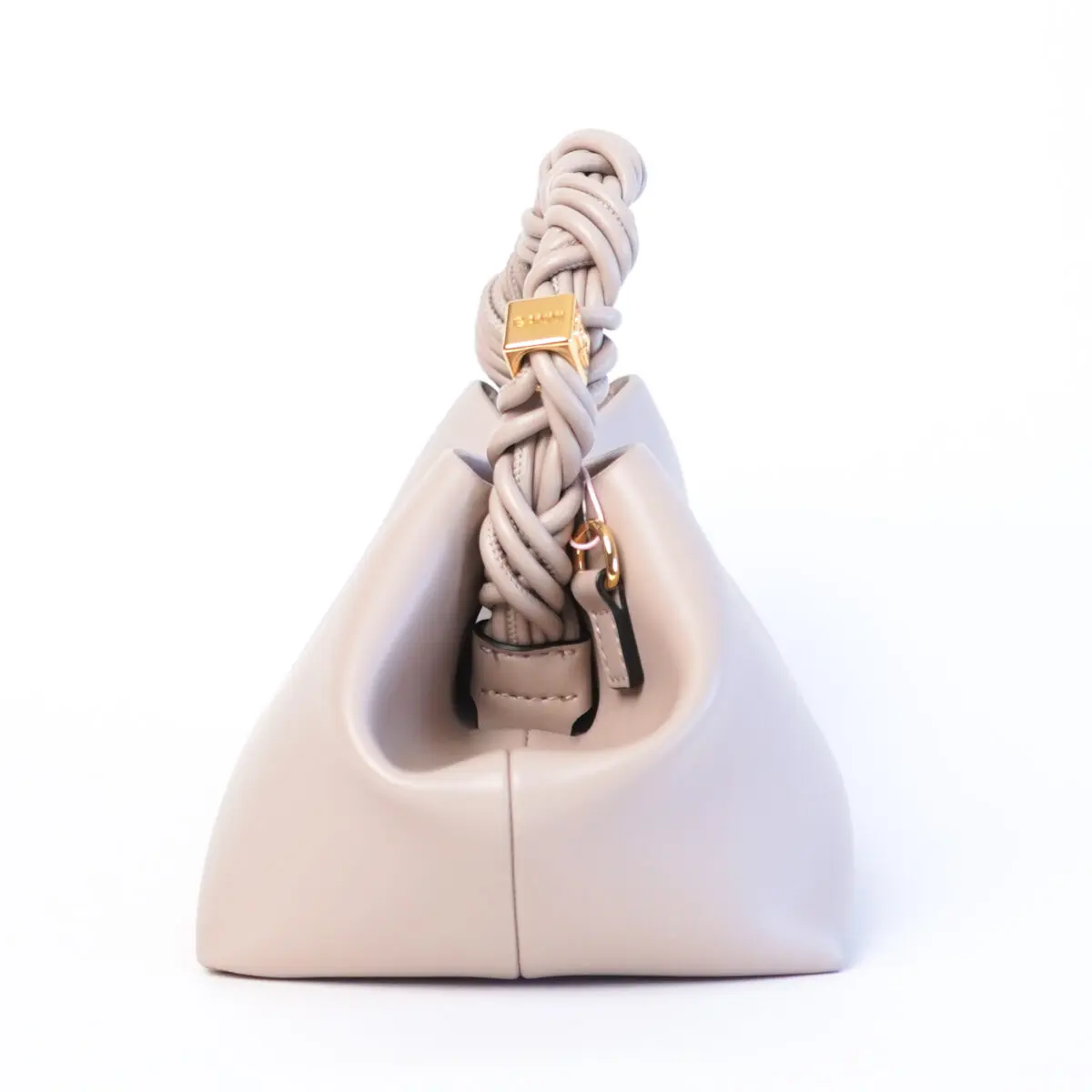 A light beige handbag with a braided handle, seen from the front