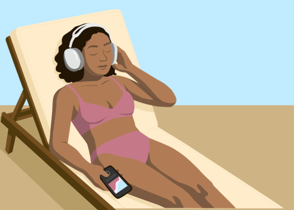 An illustration of a woman listening to podcasts at the beach. She has headphones on