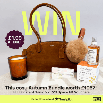 Win this Autumn Bundle for just £1.99. Feauting Coach Empire Carry all, Coach Sherling earmuffs, Maison margeila Autumn Vibes EDT, Diptyque Ambre candle, Jacquemus Scarf and more. Rated Excellent on Trustpilot