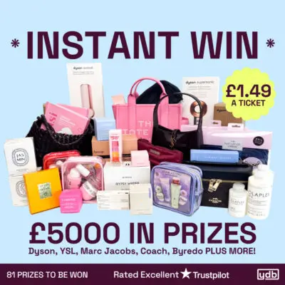 Instant win image showing the prizes - From Coach, Selfridges, Marc Jacobs, Olaplex, Tatcha, Diptyque and more