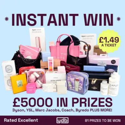 Instant win image showing the prizes - From Coach, Selfridges, Marc Jacobs, Olaplex, Tatcha, Diptyque and more