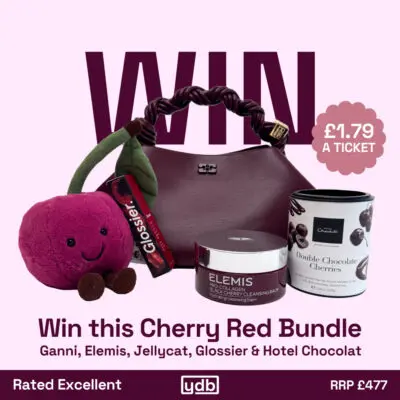 Win Cherry Red Bundle for £1.79! Including Ganni Bou Bag Burgundy, Cherry Jellycat, Glossier Lipbalm and Elemis Black Cherry Cleansing balm