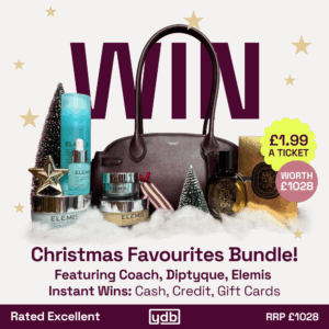 Win this Christmas Bundle featuring a Coach Empire carryall in Merlot, Diptyque Orpheon Perfume and an Elemis pro collagen complete skincare routine. It's just £1.99 for a prize worth £1028.