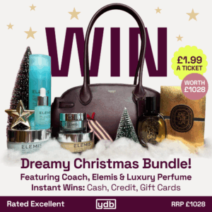 Win this Christmas Bundle featuring a Coach Empire carryall in Merlot, Diptyque Orpheon Perfume and an Elemis pro collagen complete skincare routine. It's just £1.99 for a prize worth £1028.