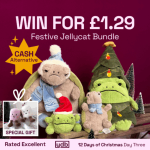Win this gorgeous grumpy jellycat bundle featuring 4 christmas special Jellycat, plus a free Jellycat gift for just £1.29!